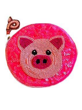 Beaded Pig Coin Purse, Lily Posh Pink Sequins Beaded Bag, Farm Animal